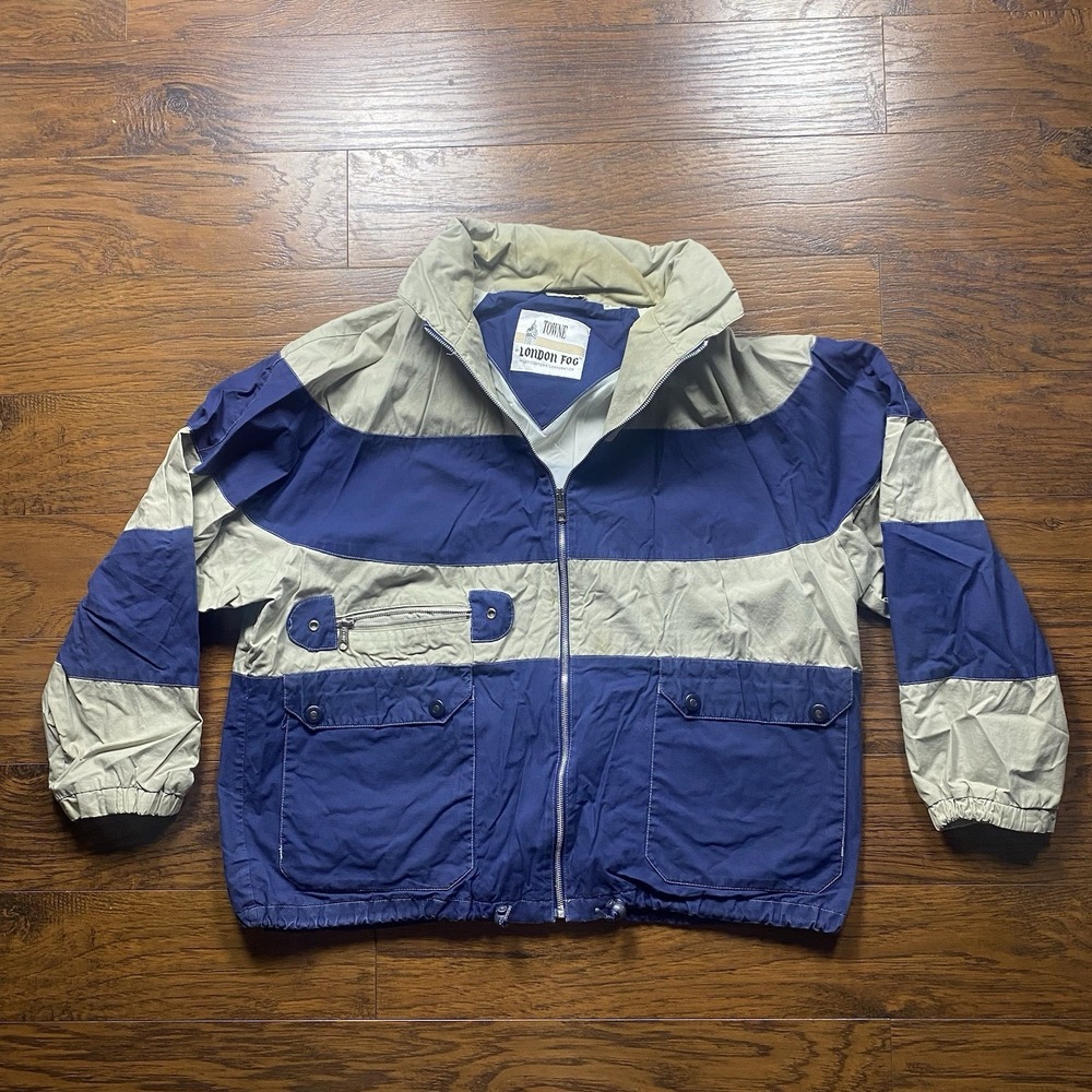 Vintage Towne by London Fog Navy Tan Colorblock Windbreaker Jacket Mens Large